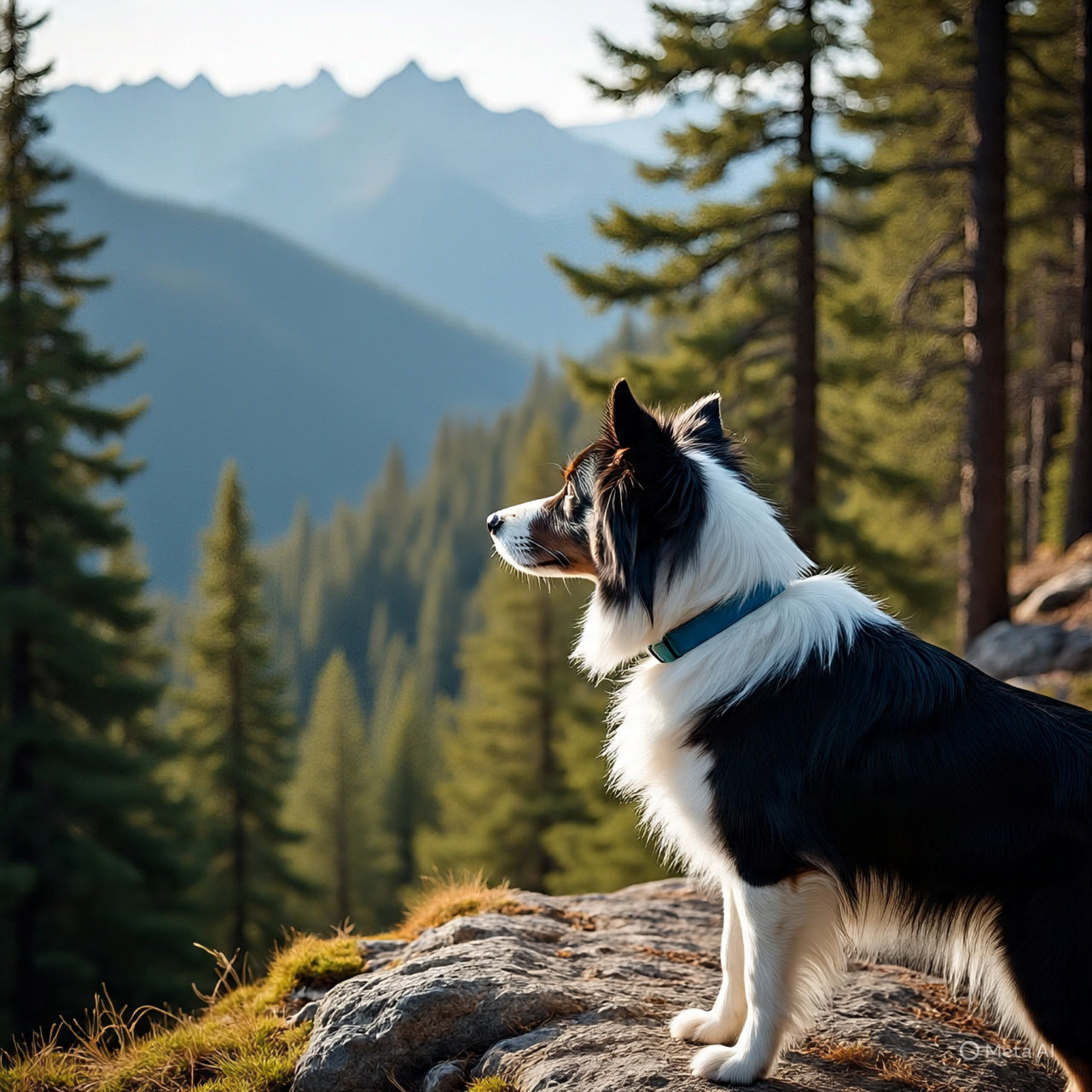 Dog standing on a rock with mountains and trees in the background