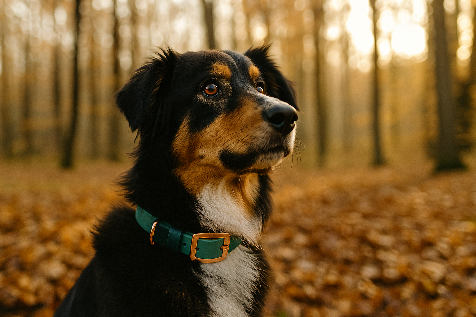 Dog with a green collar standing in a forest during autumn.