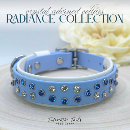 Blue pet collar with crystals on a light surface, featuring 'Radiance Collection' design.