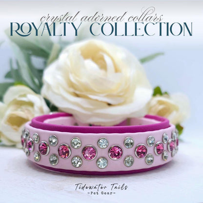 Pink pet collar with crystals on a white background with flowers featuring the "Royalty Collection" design.