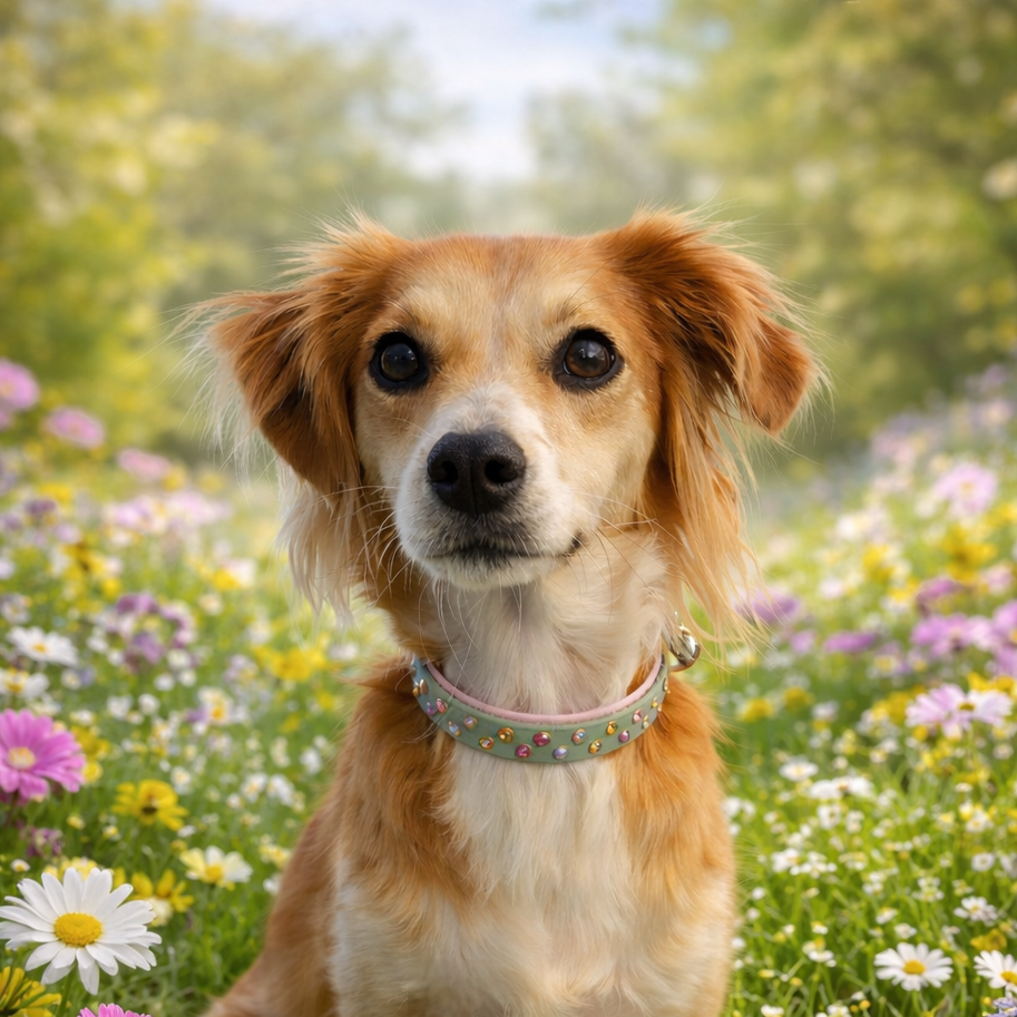 Dog sitting in a field of flowers with a blurred natural background wearing a rhinestone BioThane collar by Tidewater Tails.